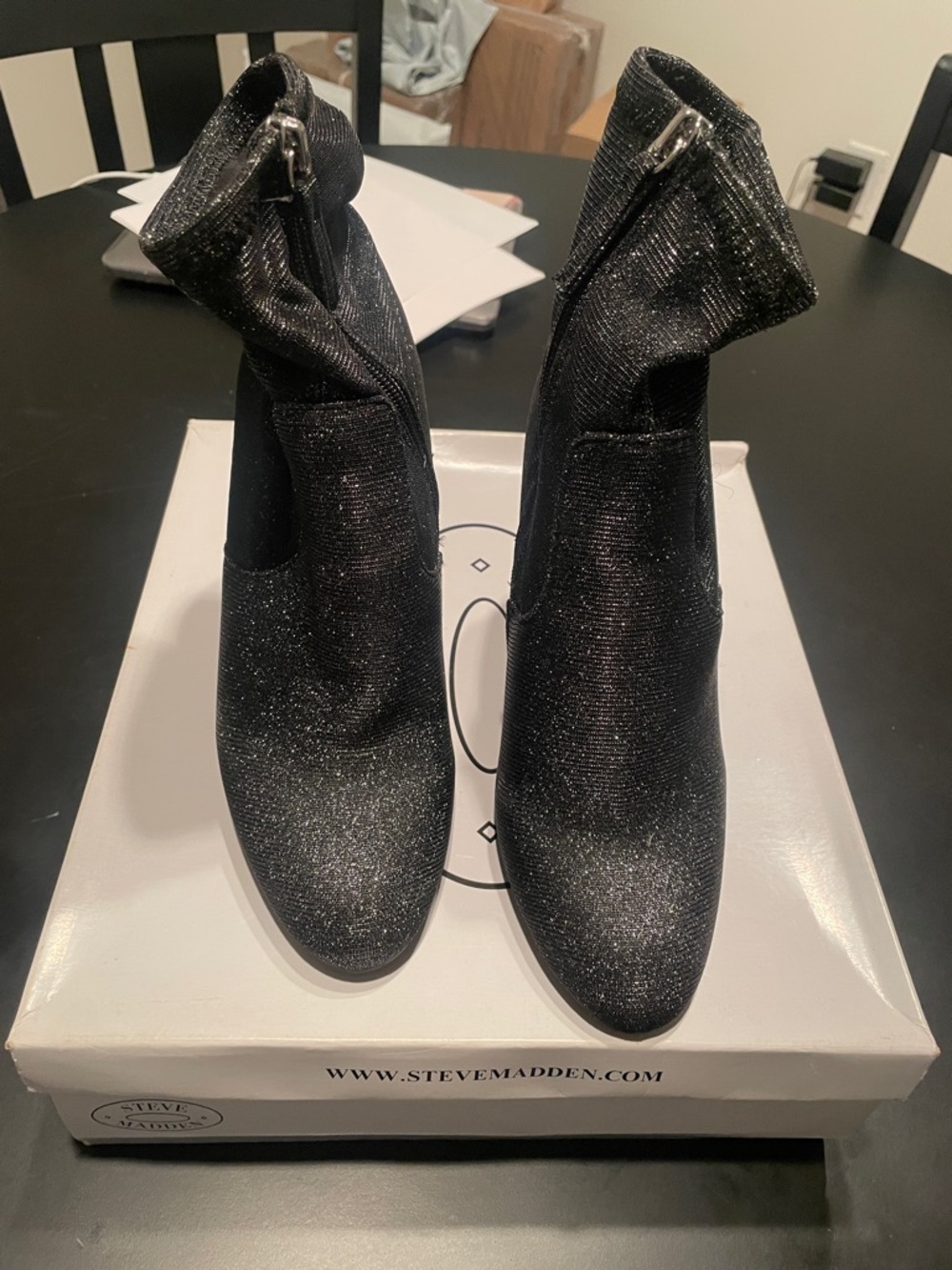 Steve Madden Black Glitter Pointed Ankle Booties with Side Zip